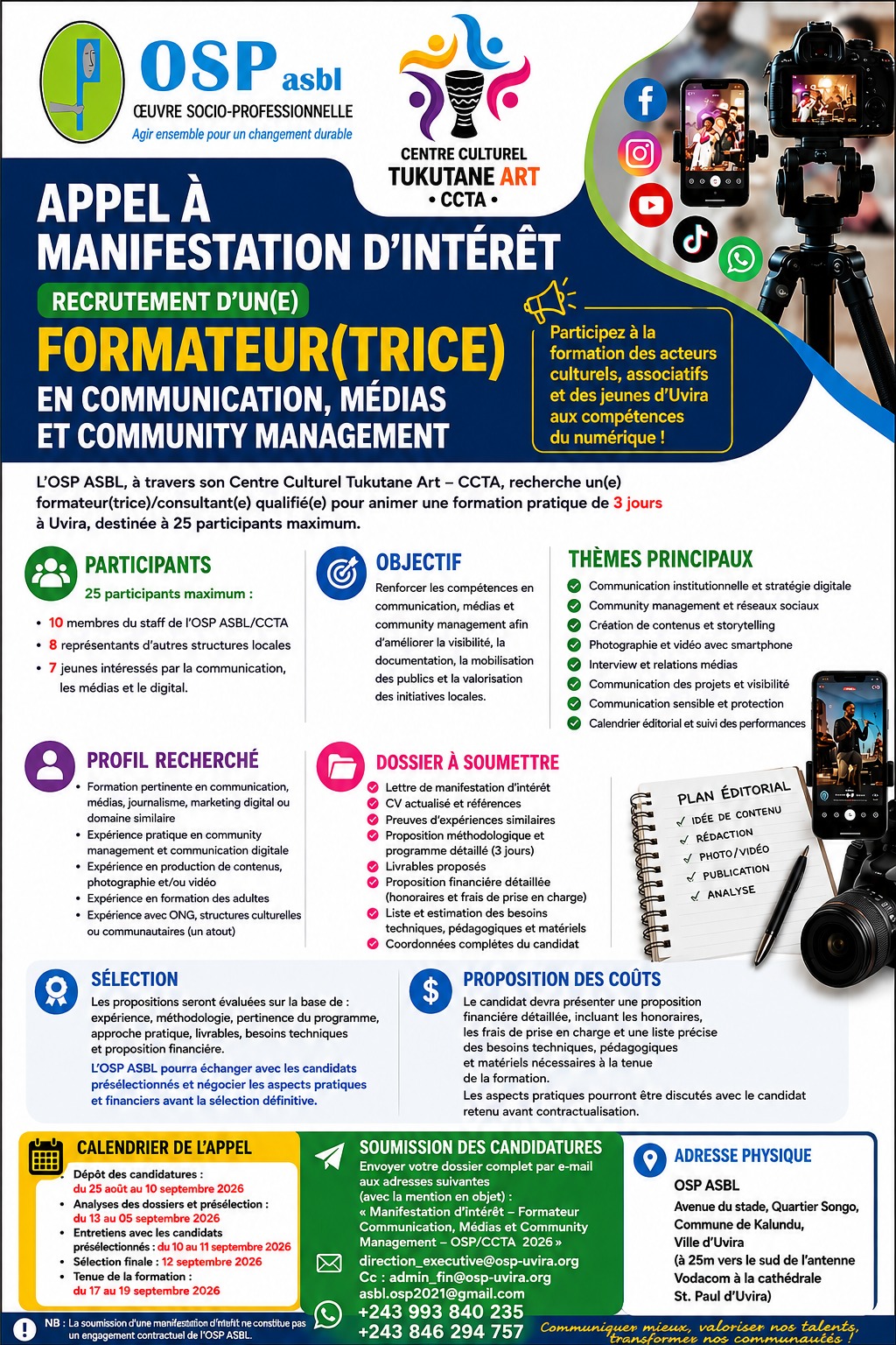 FORMATION DU STAFF DE L’OSP ASBL/CCTA ET DES ACTEURS LOCAUX EN COMMUNICATION, MÉDIAS ET COMMUNITY MANAGEMENT